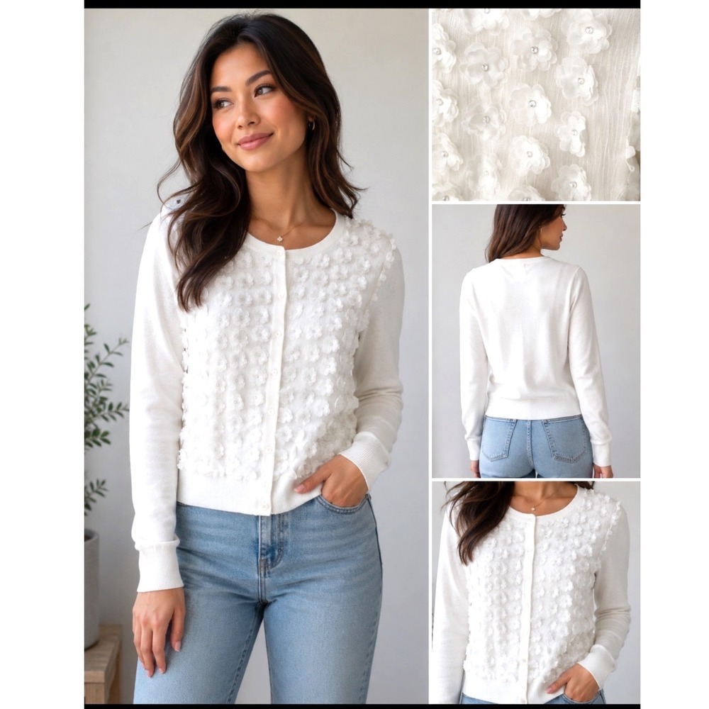 A New Day White 3D Floral Applique Cardigan Sweater Women S Fairy Cottagecore